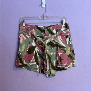 Floral Leaf Print High-Waist Tie Belt Women's Shorts - Pink/Green